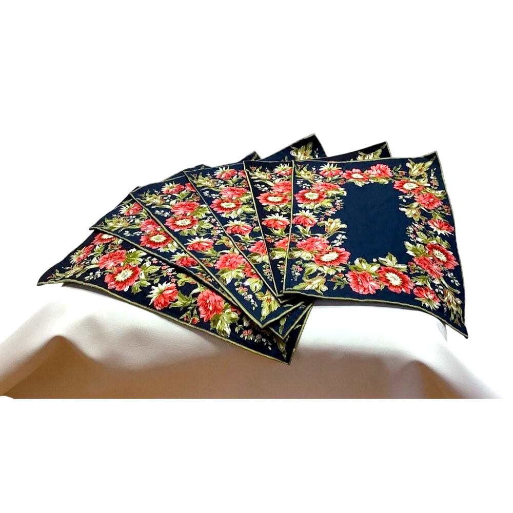 Milli Home Floral Cotton Navy Placemats Set Of 6 Red Green Flowers - Picture 2 of 5